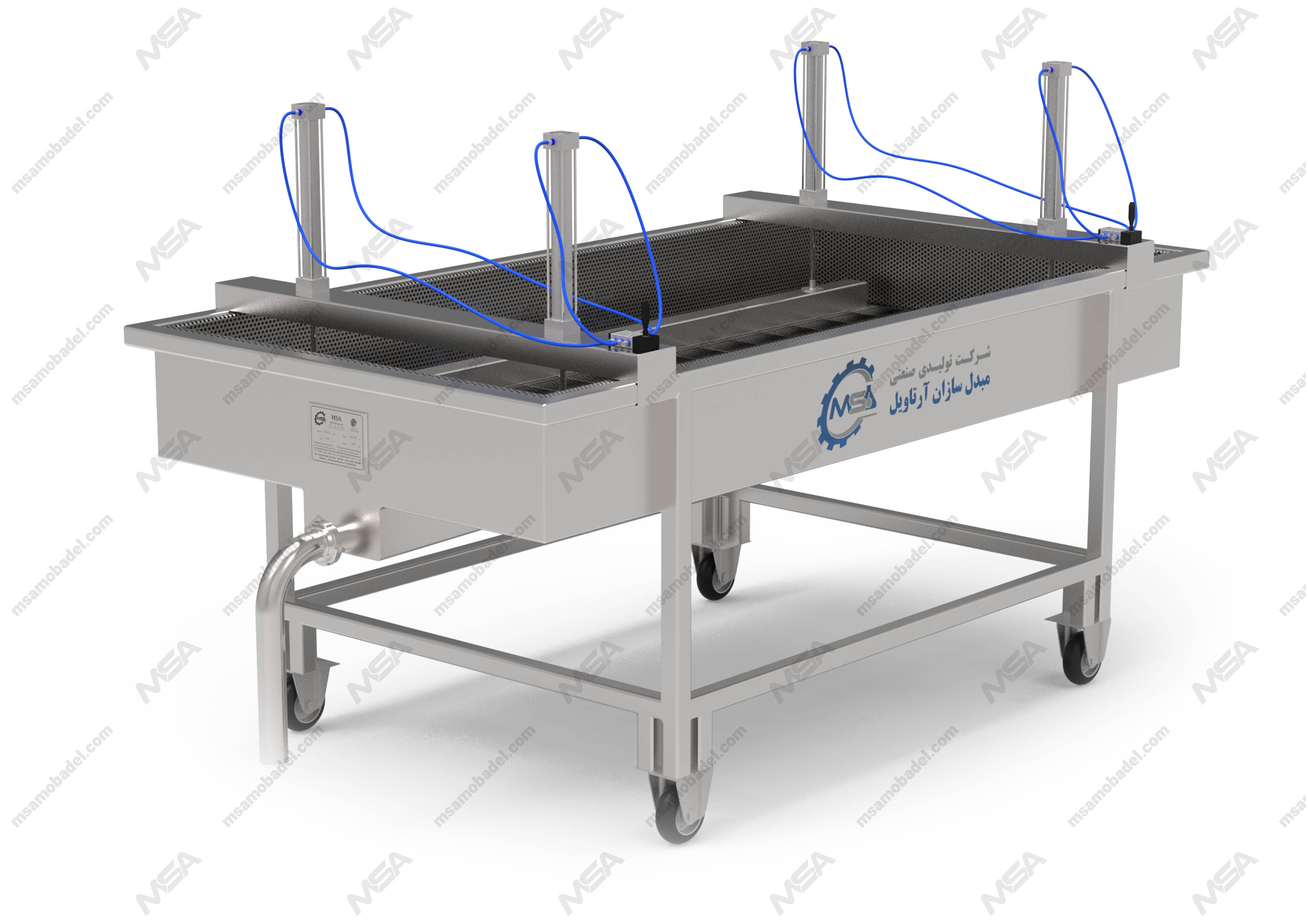 نمایی از دستگاه ترولی پنیر شامل چهار جک پنوماتیکی در هر گوشه