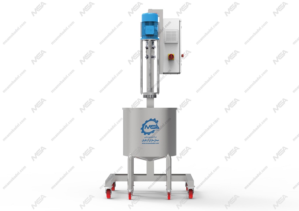 نمایی از بچ هموژنایزر یا همزن عمودی تولید شده توسط مبدل سازان آرتاویل، مورد استفاده در کارخانه لبنیات و تولید مواد شوینده.